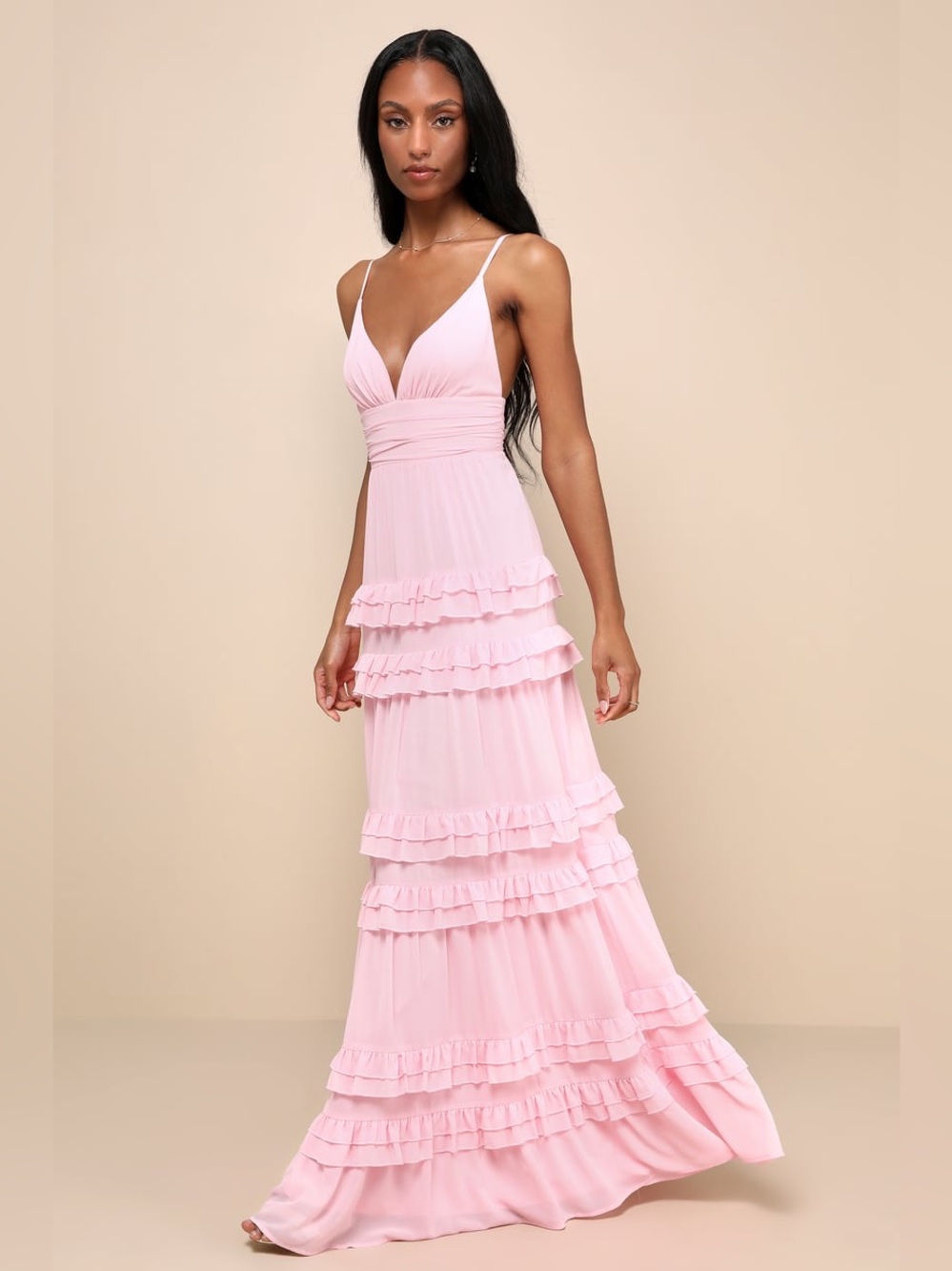 NWT Lulus Lavish Perfection Light Pink Ruffled Tiered Maxi Dress Size XS - Picture 2 of 9